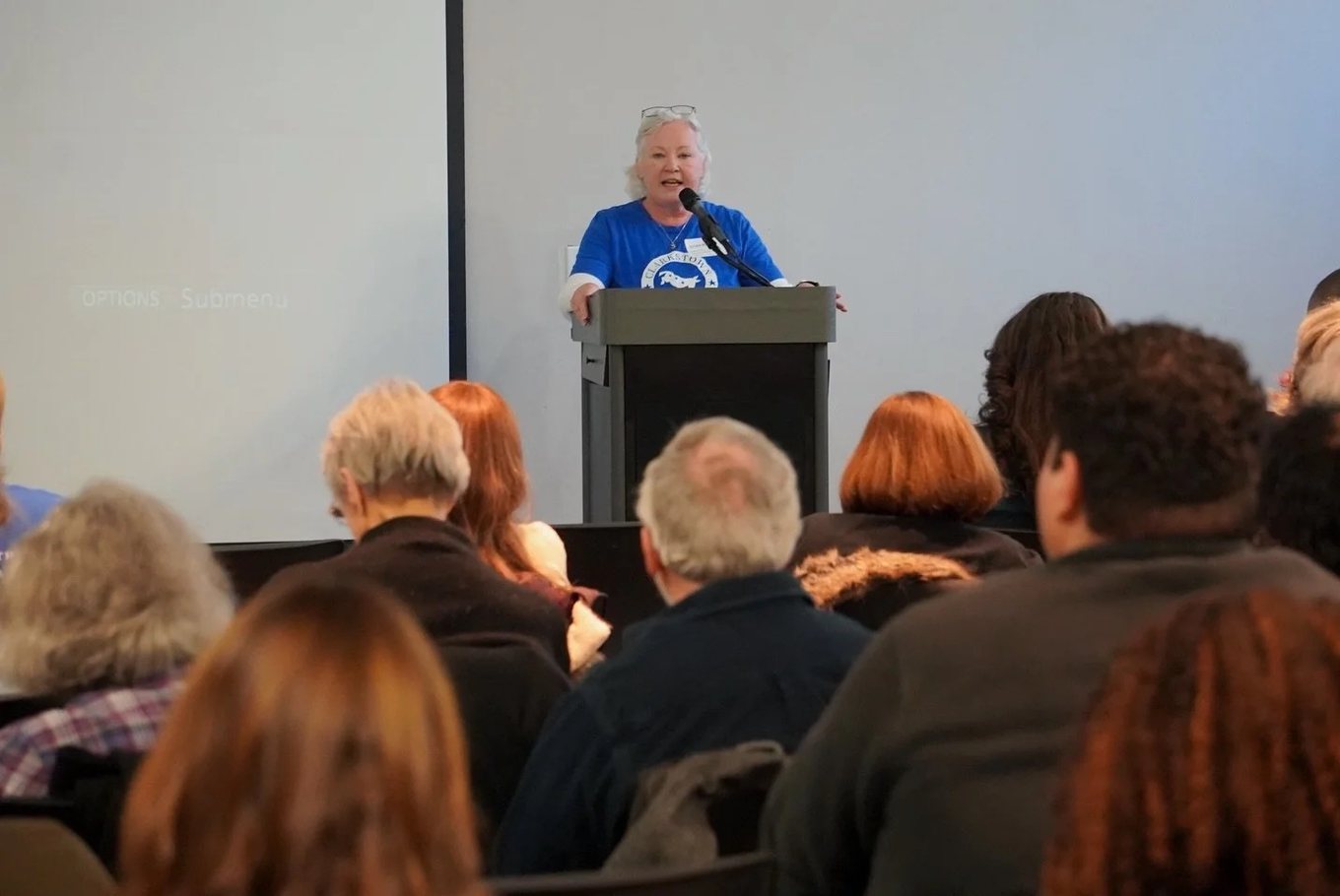 Susan Bloom speaking at a podium to a seated audience, wearing a Clarkstown Democrats shirt