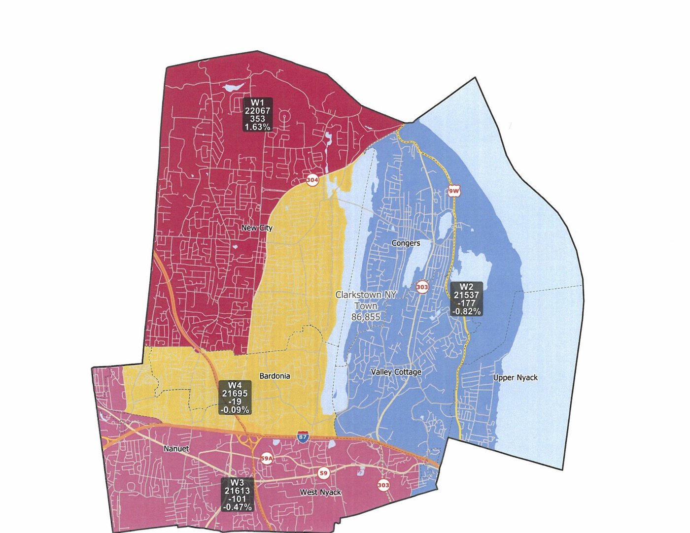 Map of the Town of Clarkstown council wards. Ward 3 covers Nanuet, West Nyack and the southern strip of the town.